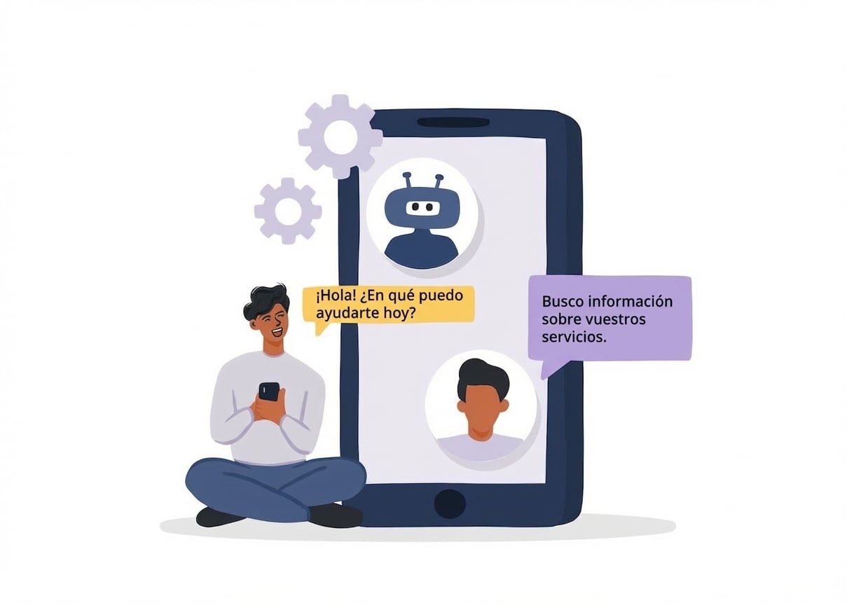 Una ilustración de una clienta chateando con un bot de soporte