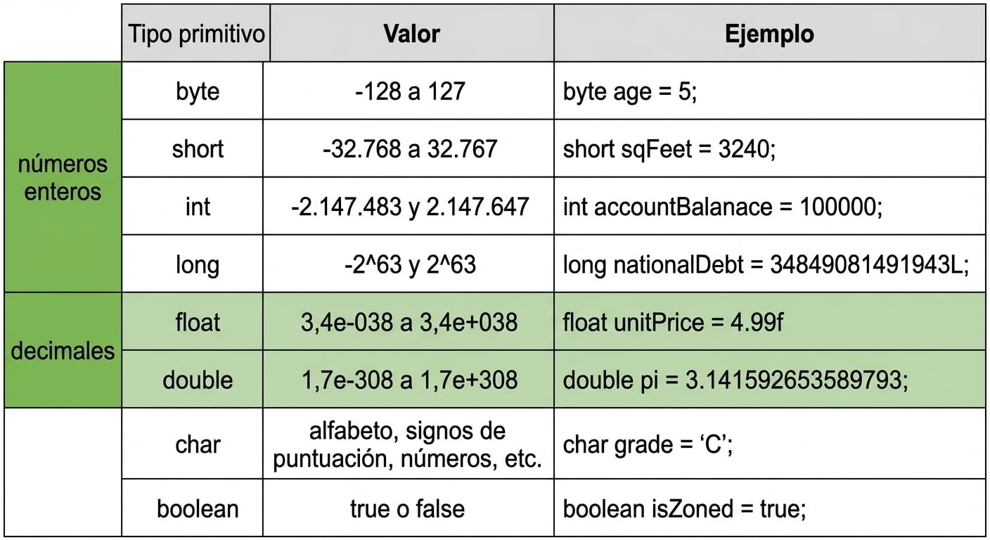 byte, short, int, long, float y double destacados como foco de este video