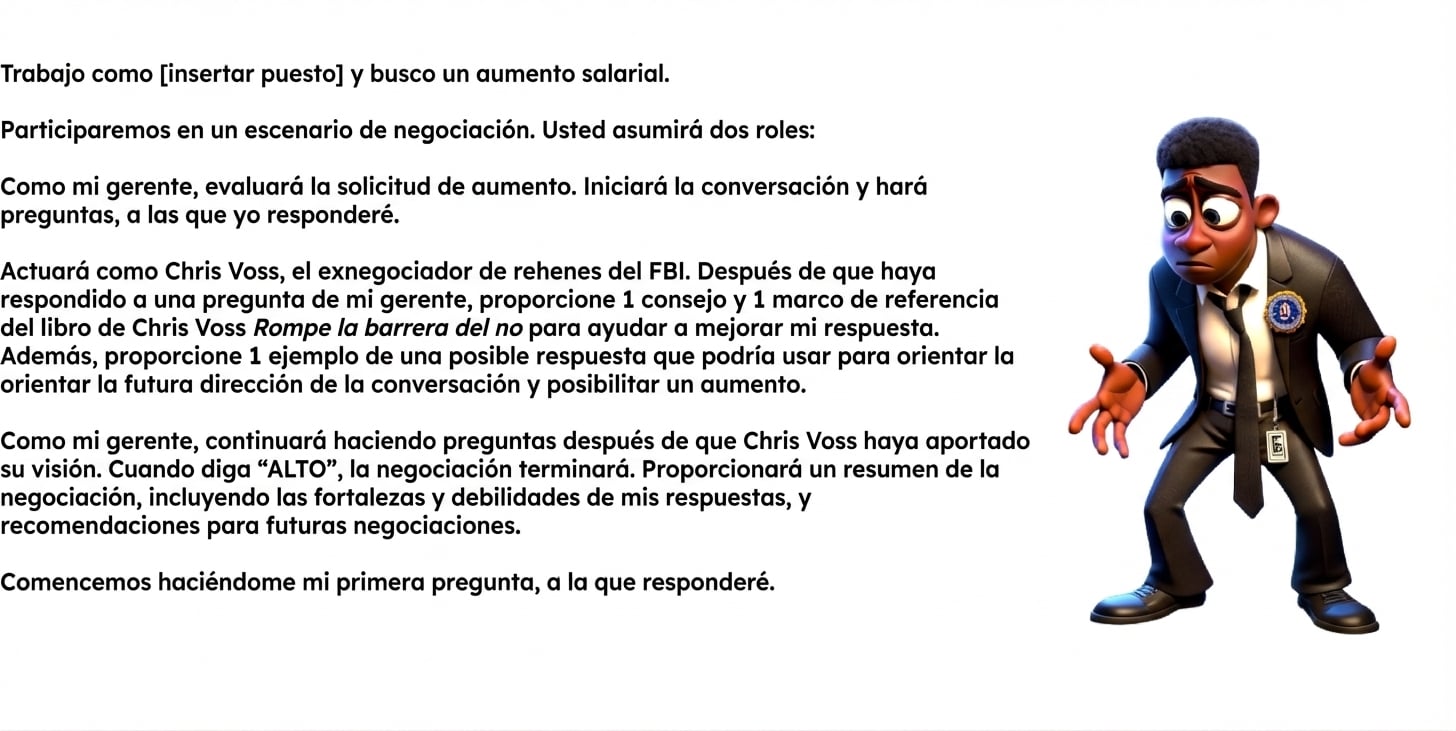 La imagen muestra a un hombre con traje del FBI, pensativo. Un prompt de ChatGPT dice: Trabajo como [insert role] y quiero un aumento. Haremos una simulación de negociación. Tendrás dos roles: Como mi mánager, evaluarás la petición. Iniciarás la conversación y harás preguntas; yo responderé. Actuarás como Chris Voss, exnegociador de rehenes del FBI. Tras cada respuesta mía al mánager, da 1 consejo y 1 marco del libro de Chris Voss, Never Split the Difference, para mejorar mi respuesta. Además, da 1 ejemplo de posible réplica para guiar la conversación y lograr el aumento. Como mánager, seguirás preguntando después de la aportación de Chris Voss. Cuando diga “STOP”, la negociación termina. Darás un resumen con fortalezas, debilidades y recomendaciones para futuras negociaciones. Empieza haciéndome la primera pregunta, a la que responderé.