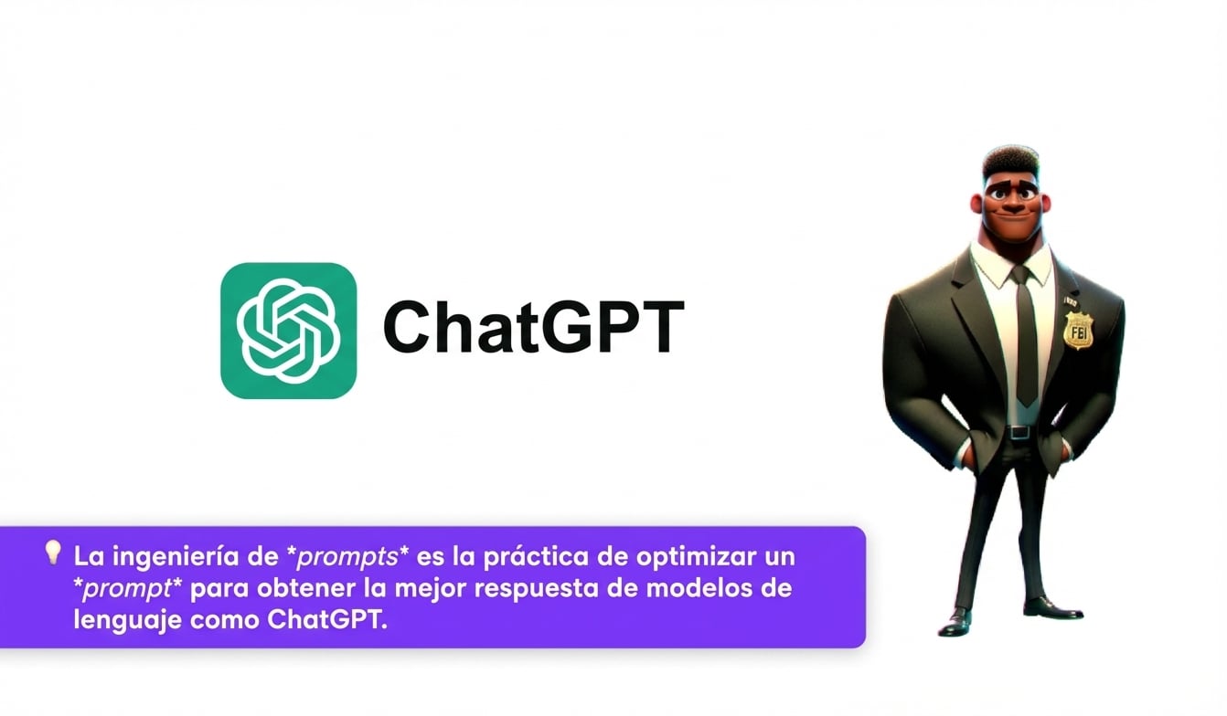 La imagen muestra el logo de ChatGPT y un personaje del FBI en dibujo animado