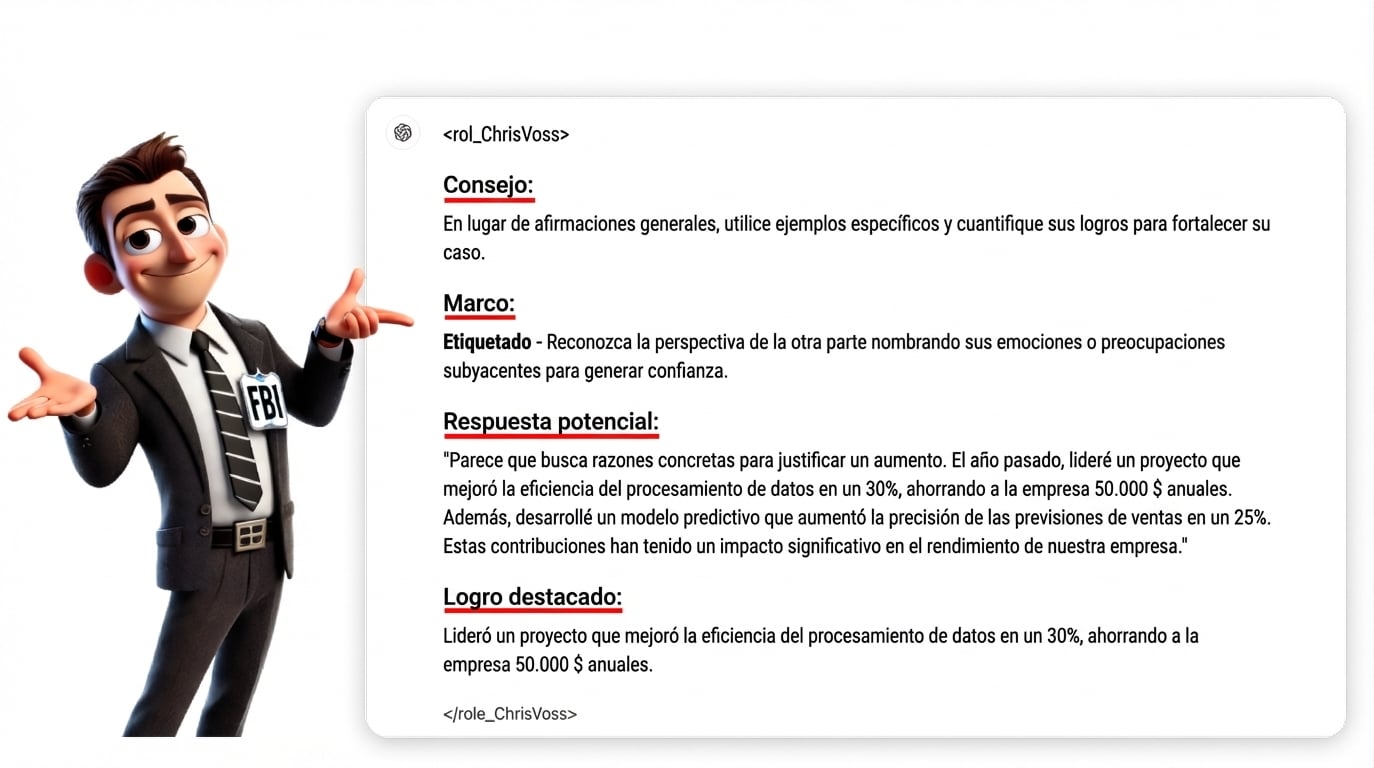 La imagen muestra a un personaje con traje del FBI señalando una respuesta de prompt estructurada
