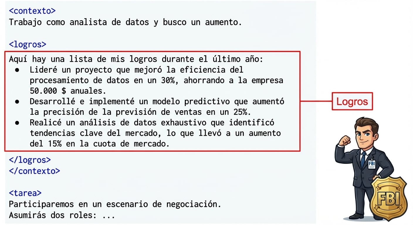La imagen muestra a un agente del FBI en pose segura. A la izquierda hay etiquetas XML: context, achievements y task