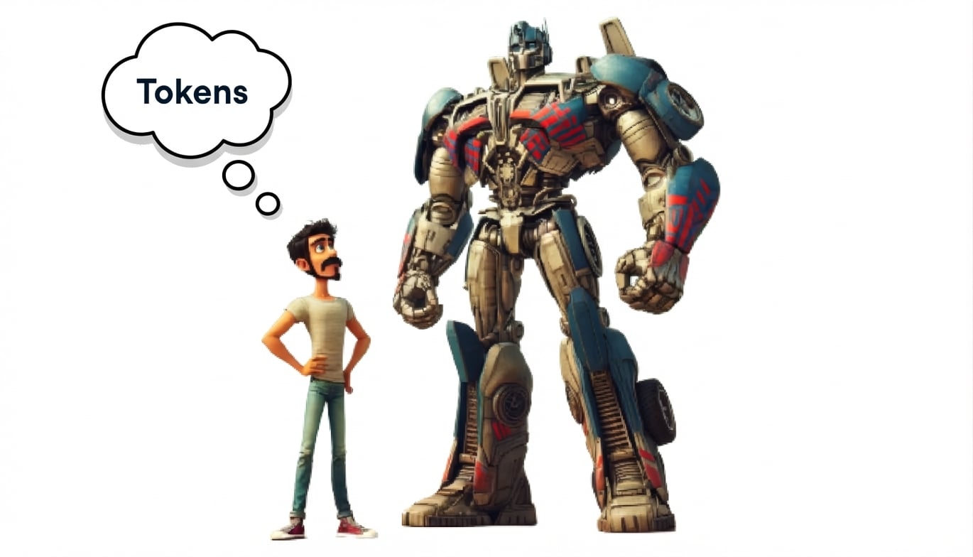 Ilustración de un hombre mirando a un personaje tipo Transformer, imaginando la palabra "Tokens"