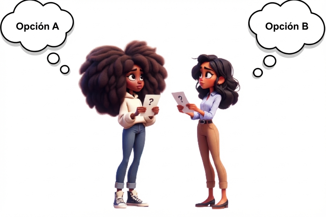 Ilustración de dos mujeres con tarjetas de interrogación, con 'Opción A' y 'Opción B' en globos de pensamiento