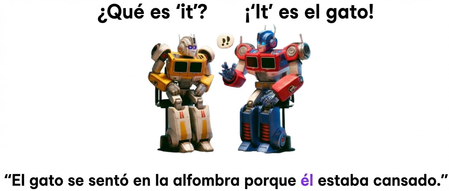 La imagen muestra dos robots coloridos sentados juntos; el de la derecha hace un gesto como si hablara.