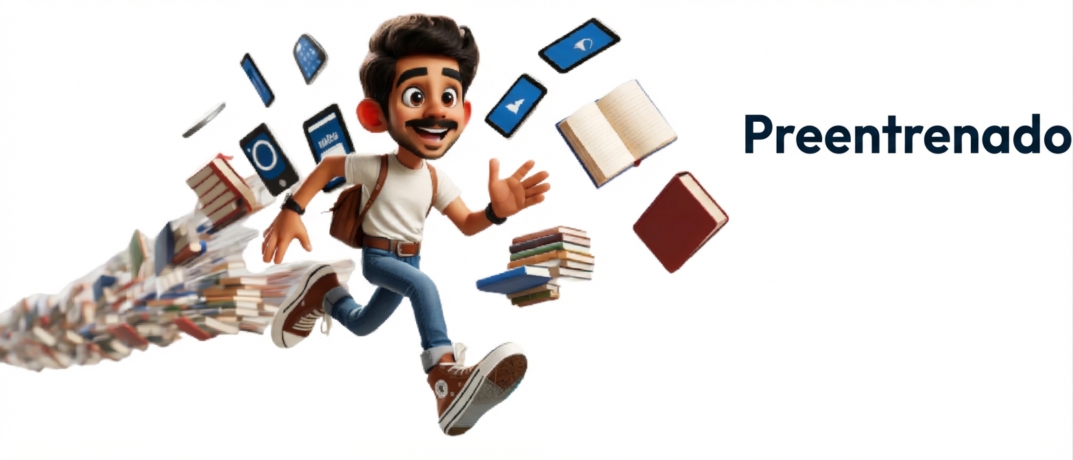 Ilustración de un hombre corriendo con libros y dispositivos electrónicos detrás, con la palabra 'Pre-trained' a la derecha