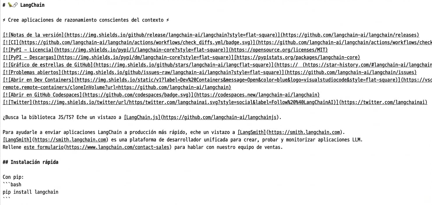 El markdown en bruto usado para crear el archivo README del repositorio de GitHub de LangChain.