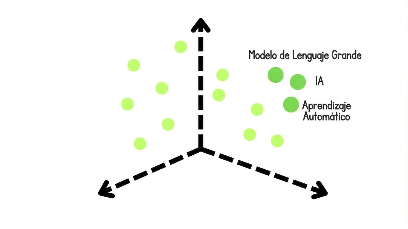 Un espacio vectorial que agrupa términos similares: Large Language Model, AI y Machine Learning.