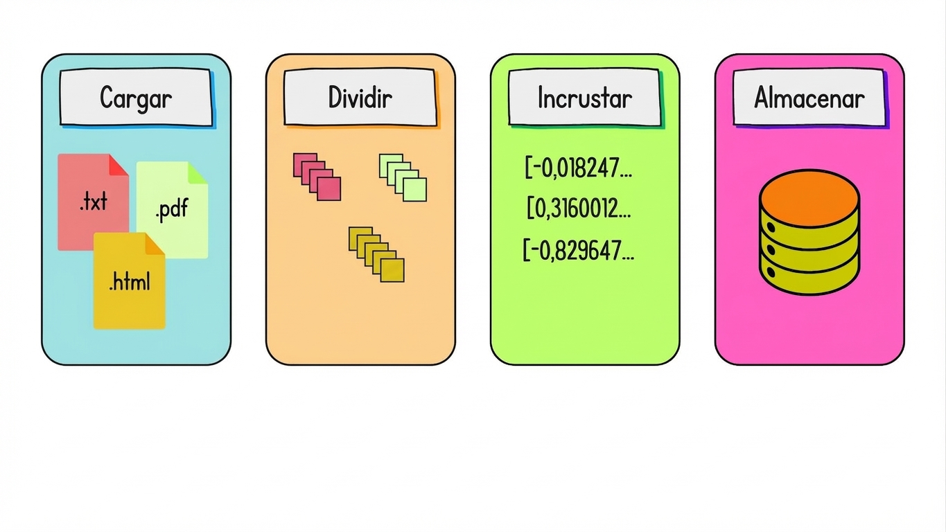 Se resaltan los pasos de embedding y almacenamiento.