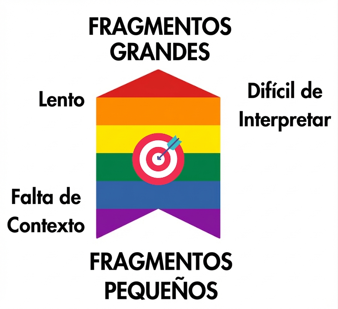 Una flecha muestra que el tamaño ideal está en medio; los fragmentos grandes pueden ser lentos y difíciles de interpretar, y los pequeños pueden tener poco contexto.