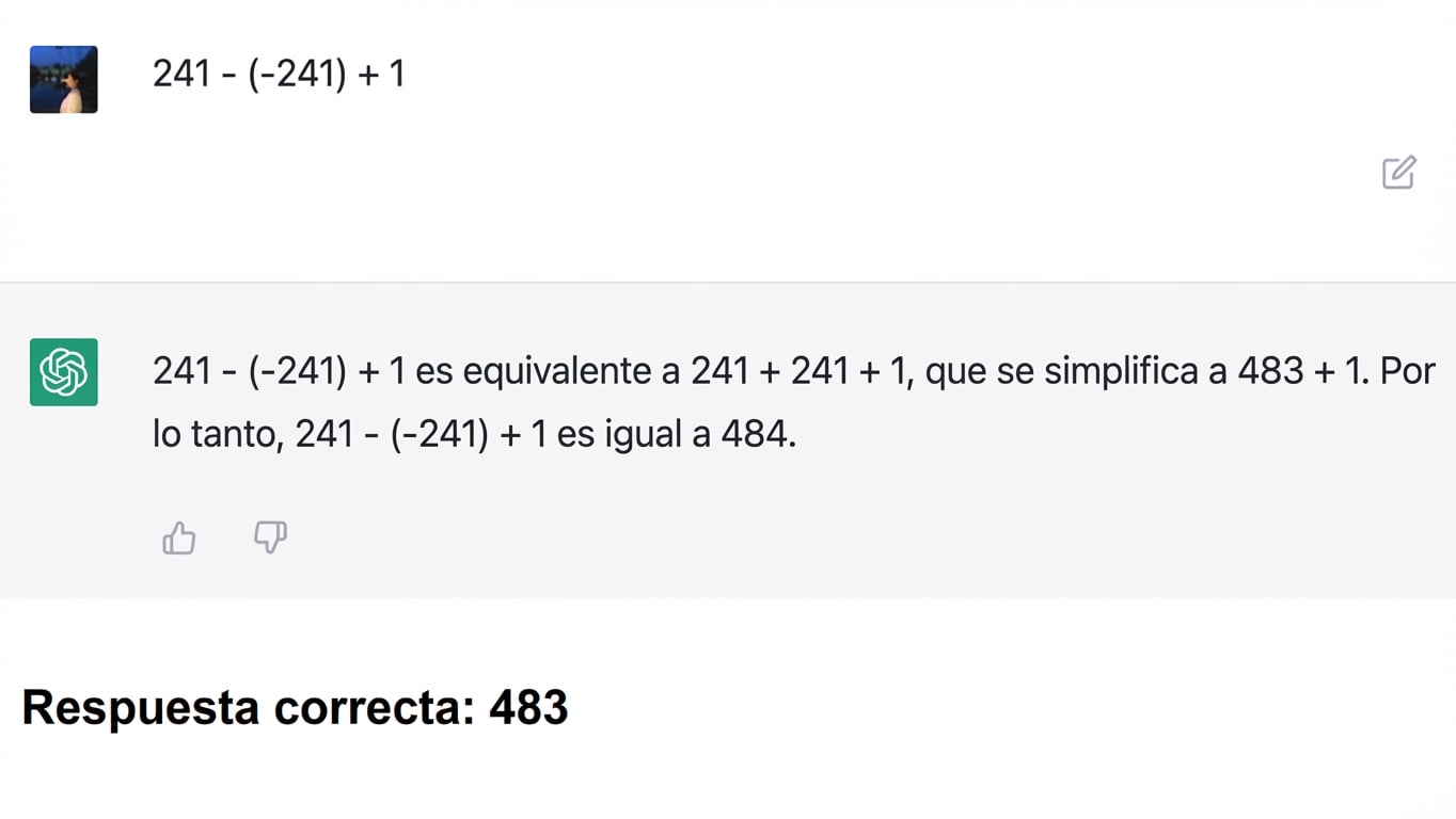 Captura de pantalla de una respuesta matemática inexacta de una conversación anterior con ChatGPT. Se añadió la respuesta correcta "483" al pie de la imagen.