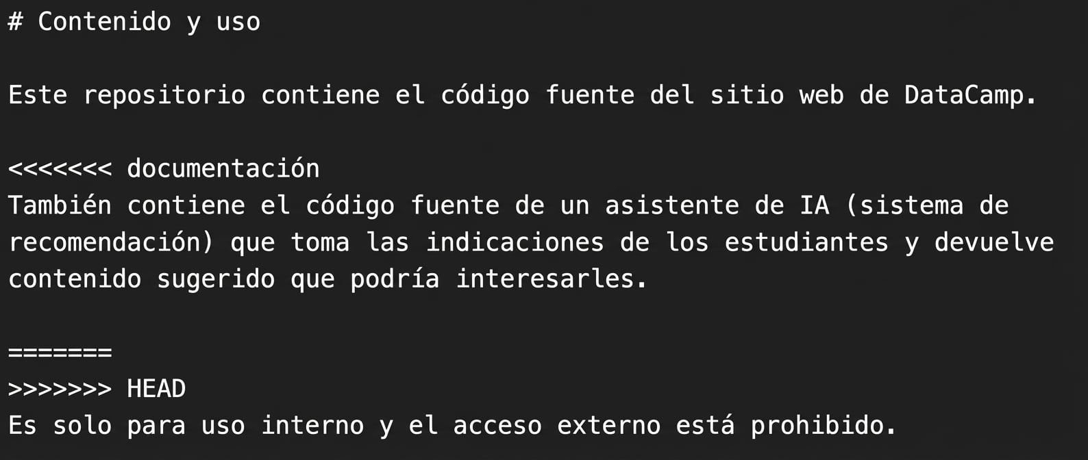 archivo README mostrando secciones de conflicto en nano