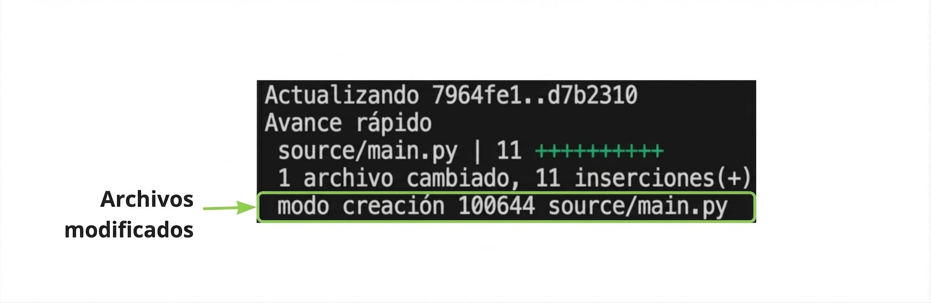 git_merge_output con un resaltado de la última línea que muestra el nombre del archivo creado