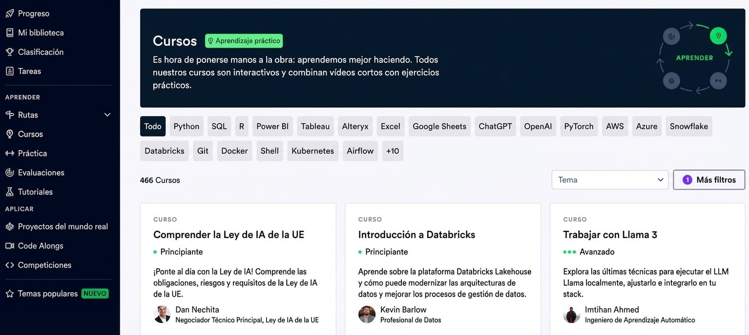 Página de cursos de DataCamp