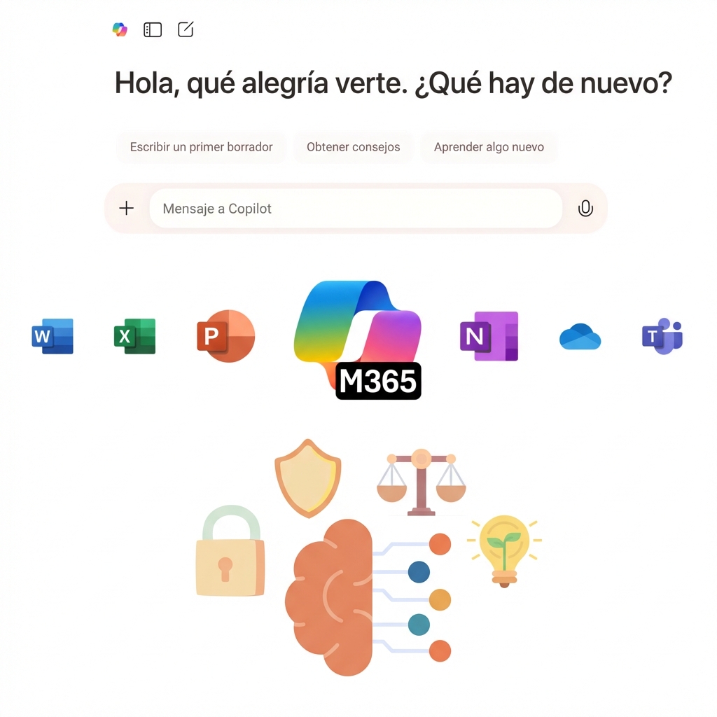 El chat Copilot y el icono Copilot 365, y un icono que representa la IA responsable