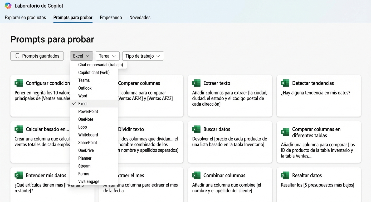 Una serie de sugerencias de prompts de Copilot Lab, con un filtro desplegable.