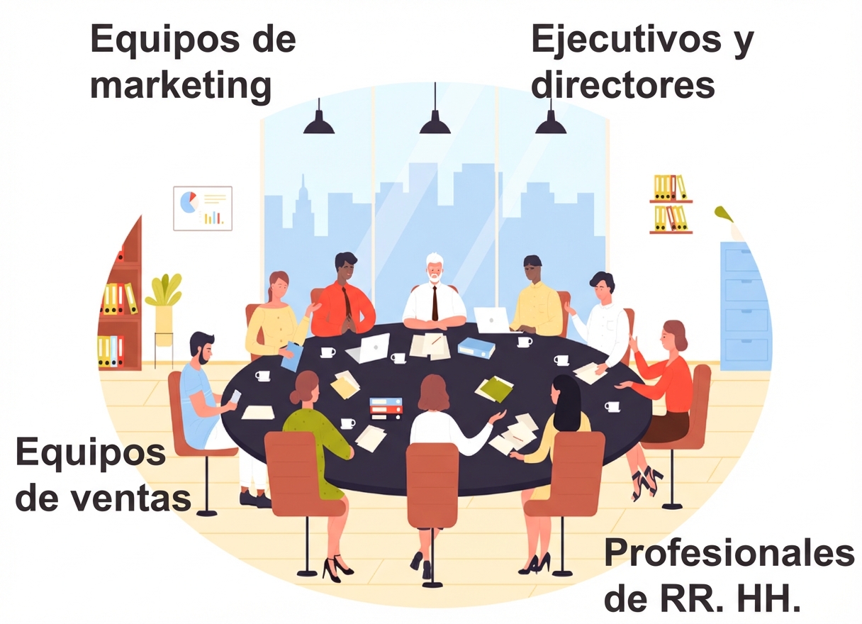 Ilustración de un grupo diverso de profesionales, entre los que se incluyen profesionales de marketing, ventas, recursos humanos y ejecutivos, sentados alrededor de una gran mesa de conferencias en una sala de reuniones.