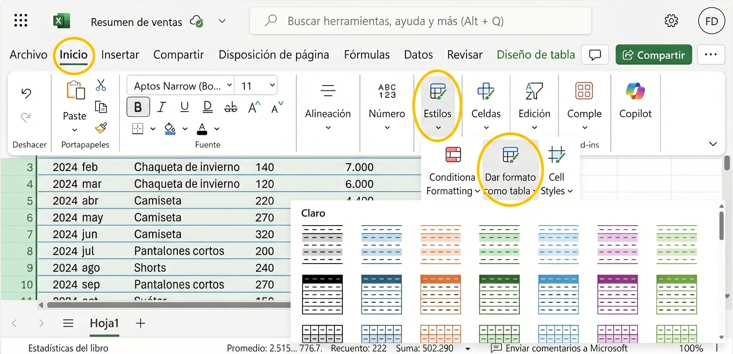 Un documento Excel abierto que muestra cómo dar formato a los datos como una tabla.