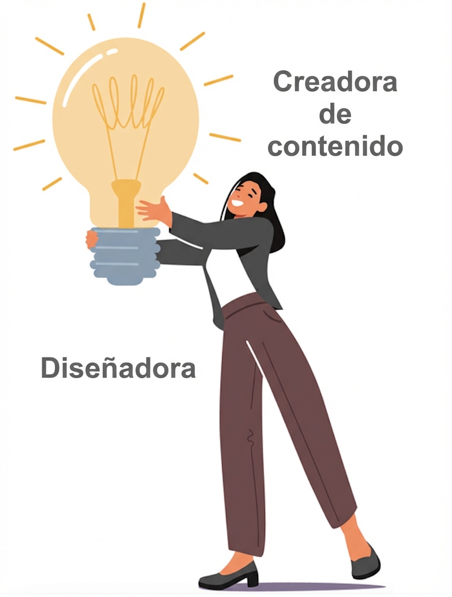 Un creador de contenido o diseñador sosteniendo una gran bombilla, que representa las funciones de creación de contenido y diseño.
