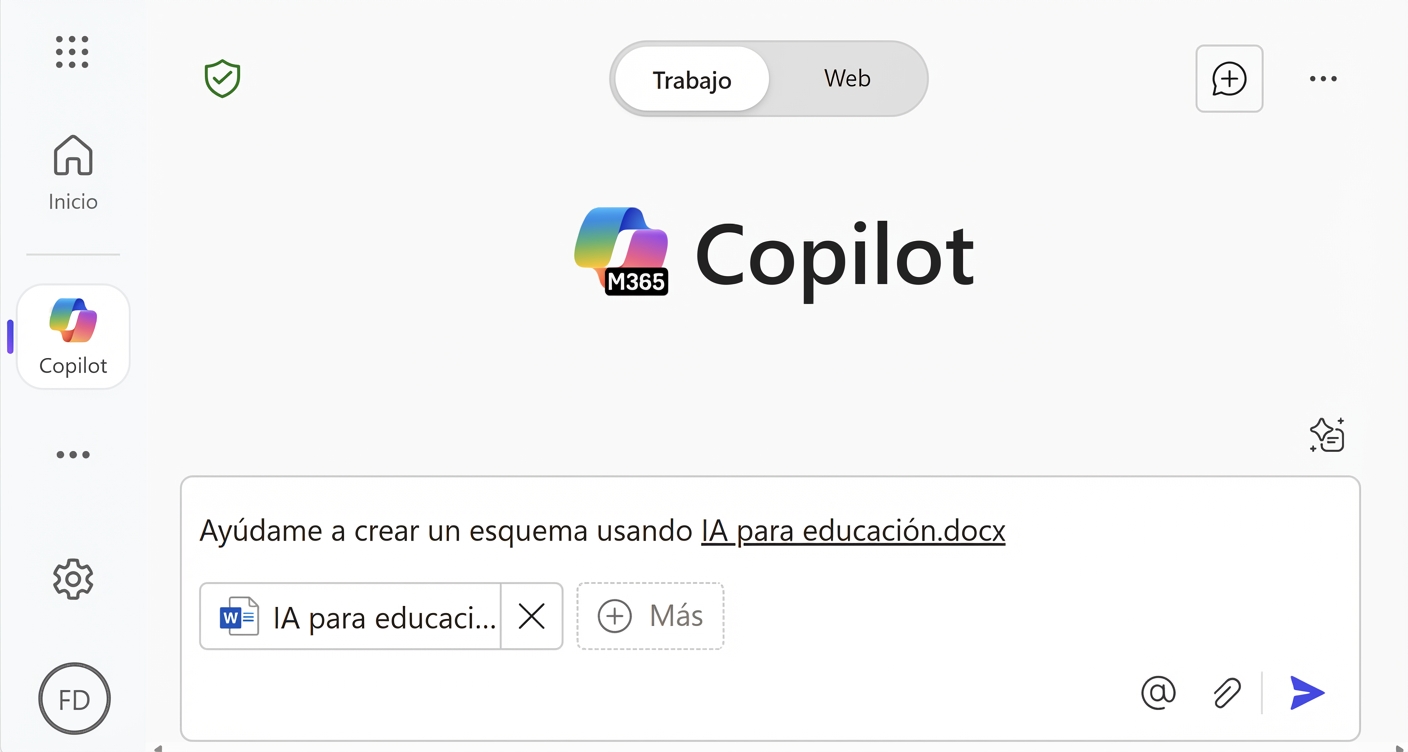 Captura de pantalla del chat «Draft with Copilot» que muestra un mensaje solicitando ayuda para crear un informe resumido utilizando un archivo específico.