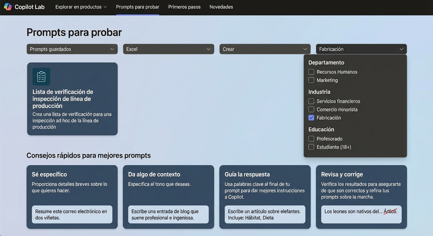 Una serie de sugerencias de prompts de Copilot Lab, con un filtro desplegable.