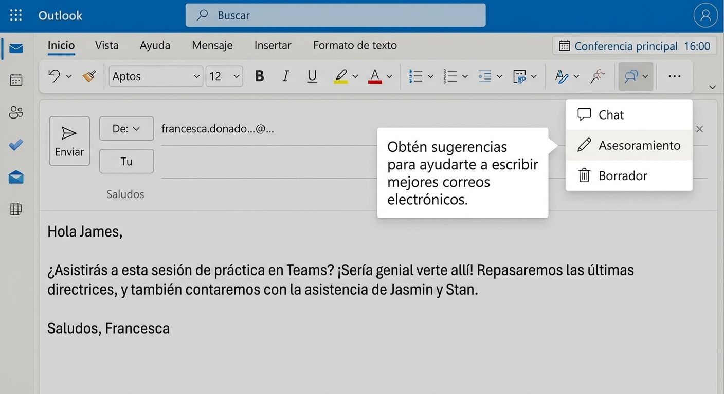 Ejemplo de borrador de correo electrónico con puntos poco claros.