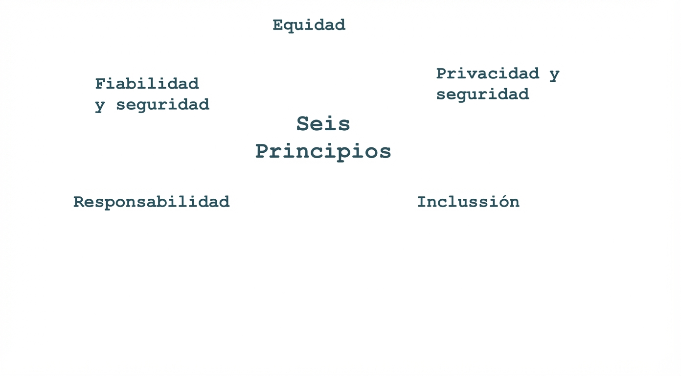 Un texto que dice «seis principios», rodeado por los términos que indican dichos principios: equidad, privacidad y seguridad, fiabilidad y seguridad, responsabilidad, inclusión.