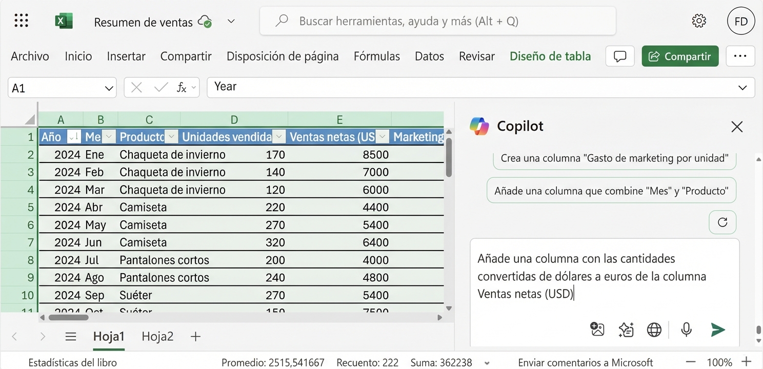 Un documento Excel abierto que muestra datos sobre productos de ropa y un chat de Copilot abierto al lado con un usuario que solicita convertir los valores a euros.