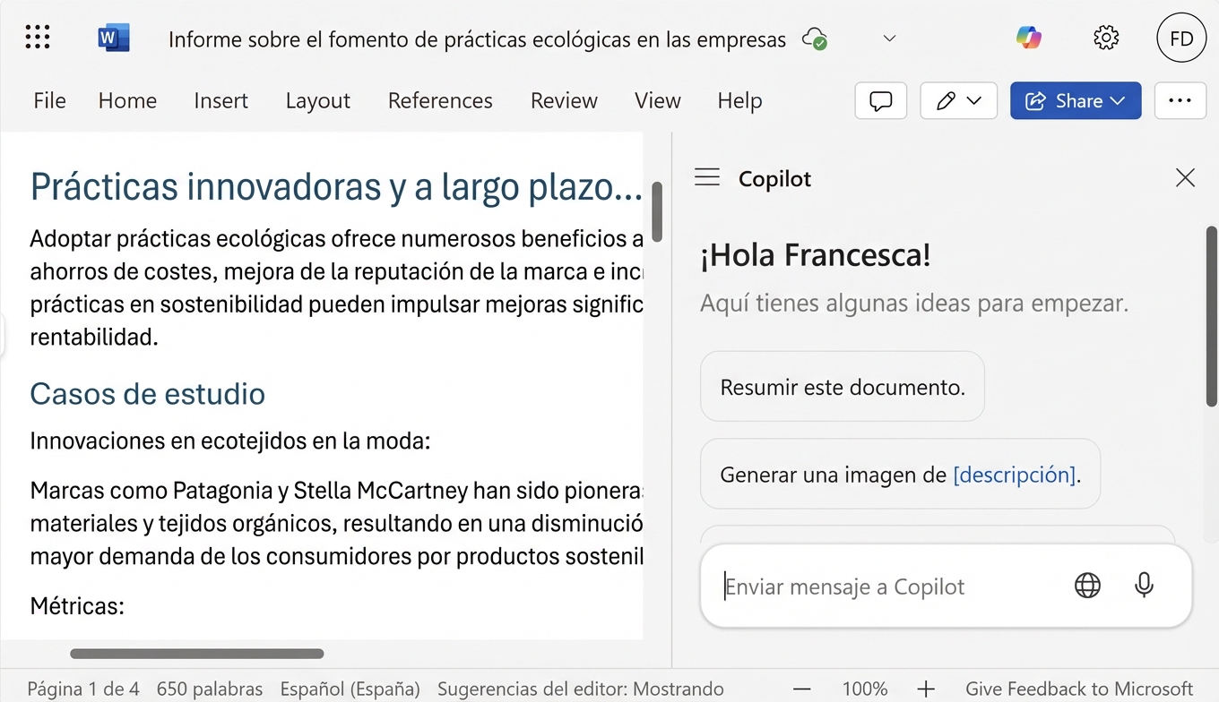Captura de pantalla de un documento de Word abierto con un chat de Copilot abierto a un lado.