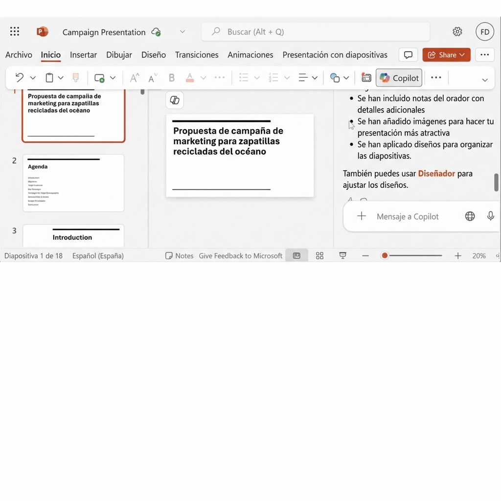 Designer crea diferentes opciones para cambiar el tema de la presentación.