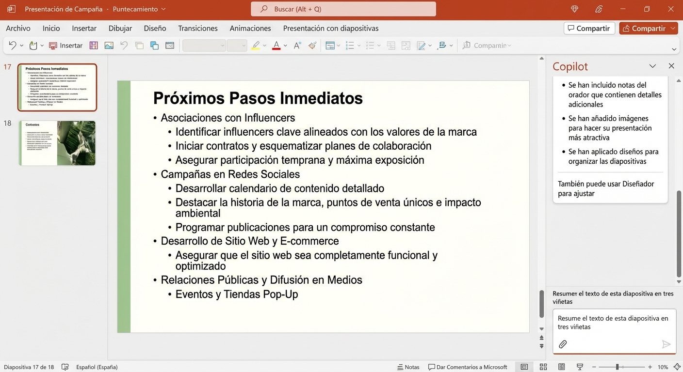 Captura de pantalla de una diapositiva de PowerPoint con el chat de Copilot abierto al lado y un usuario pidiendo que se resuma el texto de la diapositiva.
