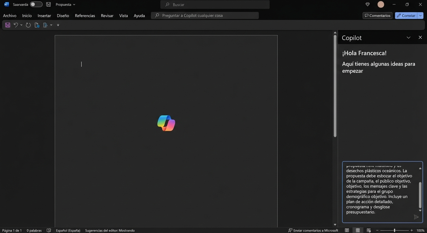 Captura de pantalla de un chat abierto de Copilot con la pregunta «crear una propuesta de proyecto para una nueva campaña de marketing» y el documento de la propuesta de campaña de marketing creado por Copilot.