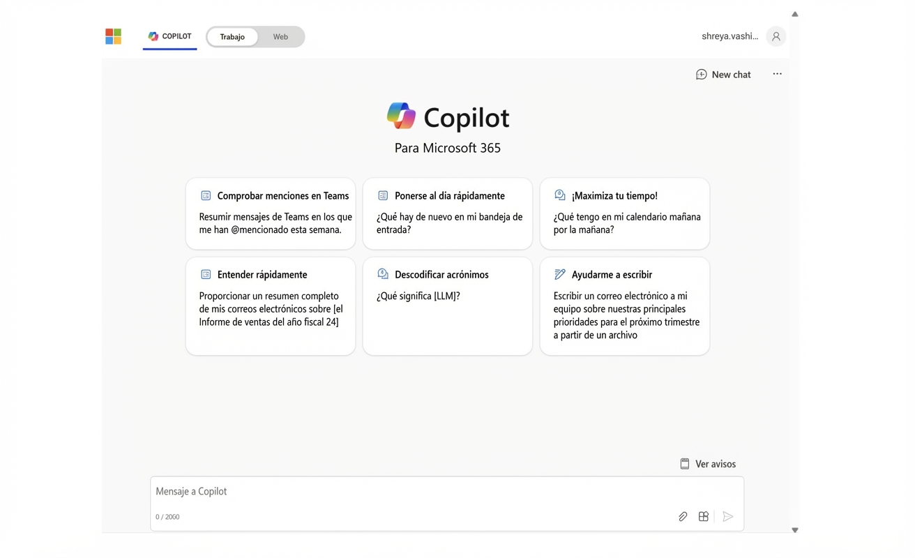 Página de inicio de Copilot para Microsoft 365.