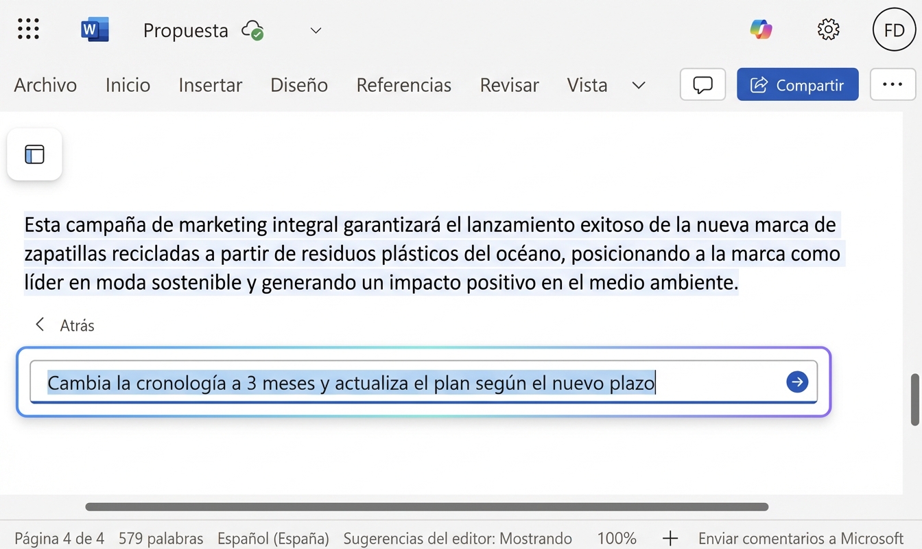 Un chat abierto de Copilot con el usuario solicitando cambiar la línea temporal de fechas.