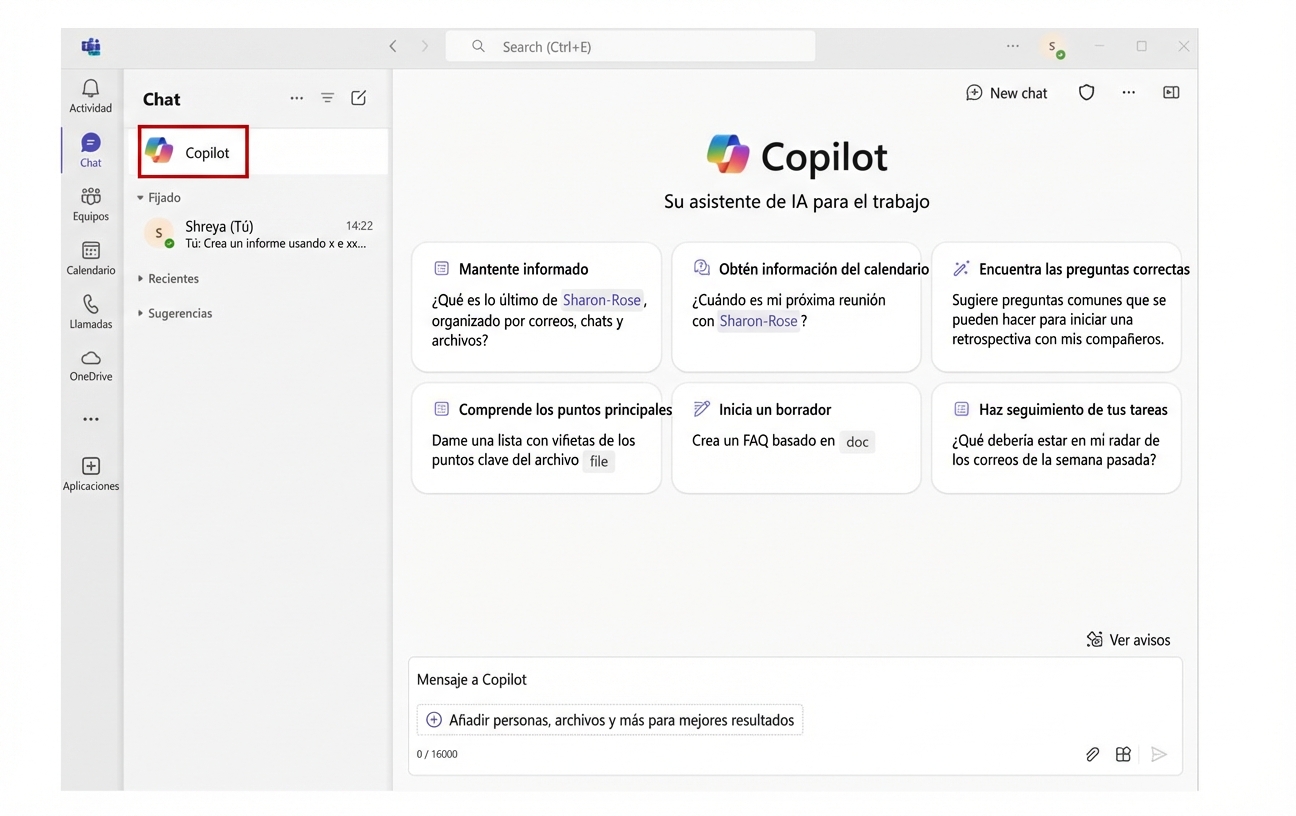 Captura de pantalla de Microsoft Teams con el chat de Copilot abierto y el icono de Copilot en la parte superior izquierda marcado con un círculo rojo.