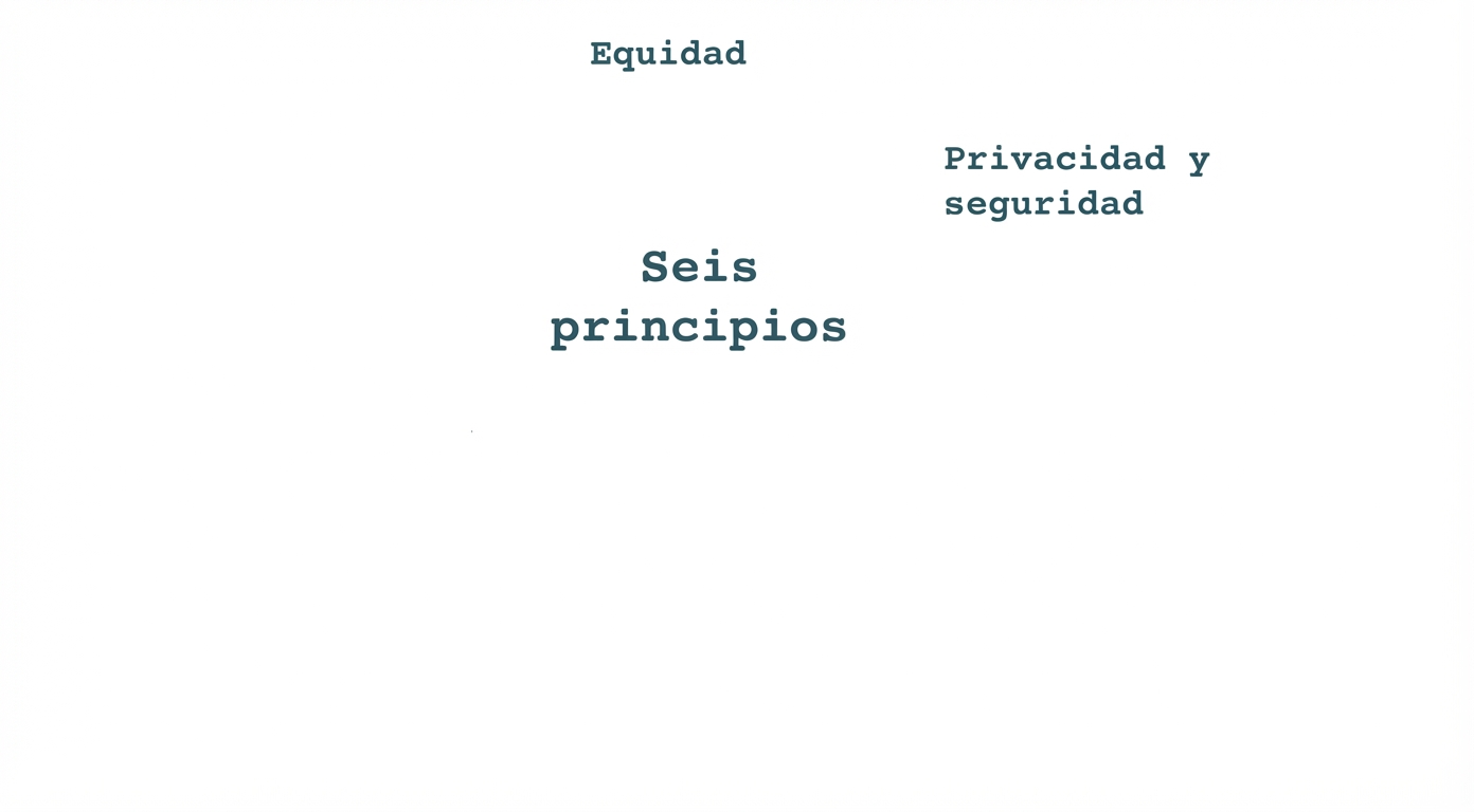 Un texto que dice «seis principios», rodeado por los términos que indican dichos principios: equidad, privacidad y seguridad.