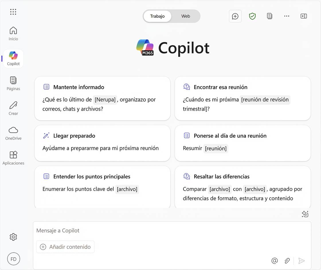 Página de inicio de Copilot para el trabajo