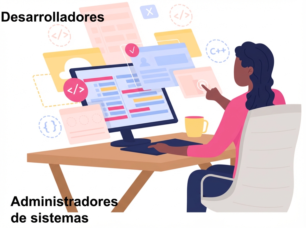 Un programador o administrador de sistemas trabajando en un escritorio con varias pantallas que muestran código e interfaces del sistema, representando funciones tecnológicas.