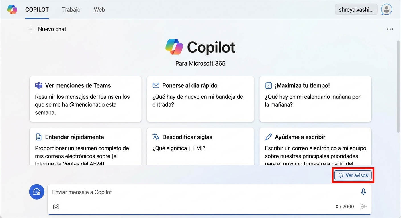 Página de inicio de Copilot para Microsoft 365 con una opción para ver los prompts.