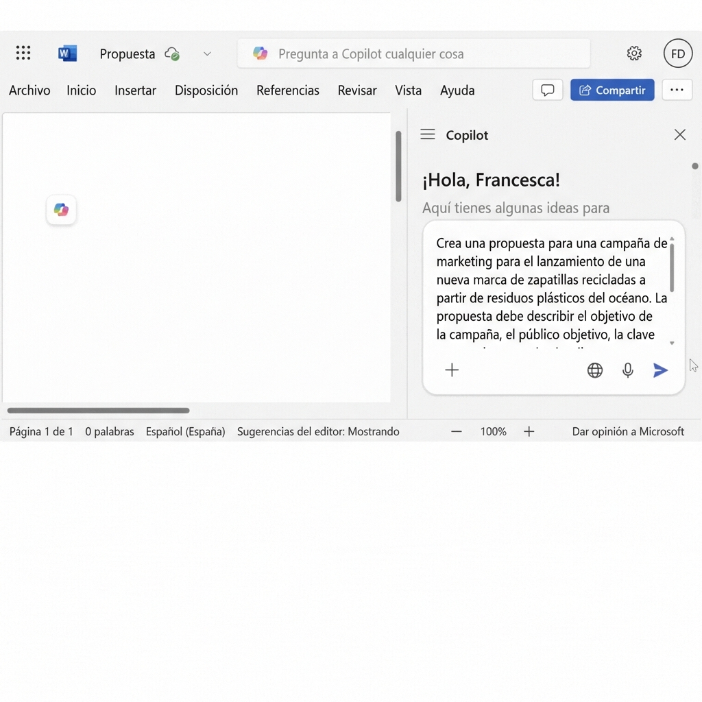 Un chat abierto de Copilot con la pregunta «crear una propuesta de proyecto para una nueva campaña de marketing».