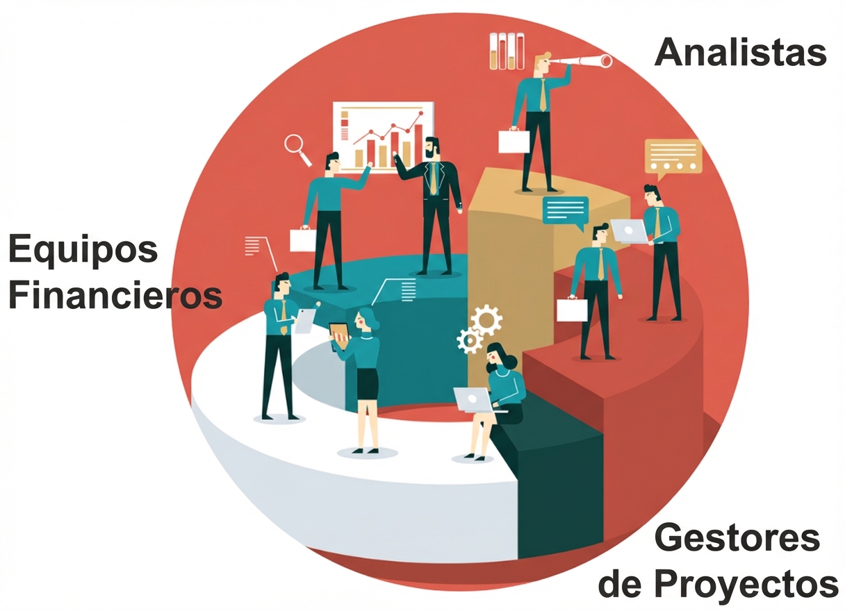 Profesionales de las finanzas, analistas, gestores de proyectos y administradores que trabajan juntos en un entorno colaborativo y que representan a los trabajadores del conocimiento.