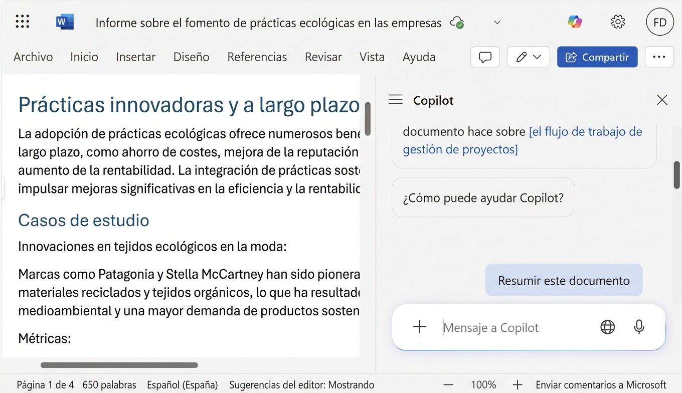 Captura de pantalla de un documento de Word abierto con un chat de Copilot abierto al lado, en el que el usuario solicita un resumen del documento.
