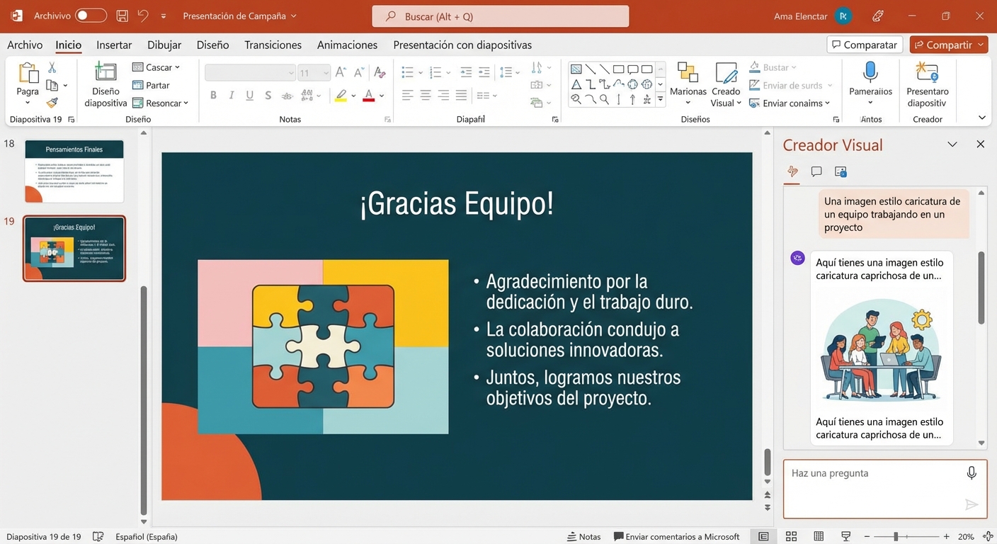Captura de pantalla de una diapositiva de PowerPoint con el chat de Copilot abierto, en la que se muestra la conversación con un usuario que solicita organizar las diapositivas.