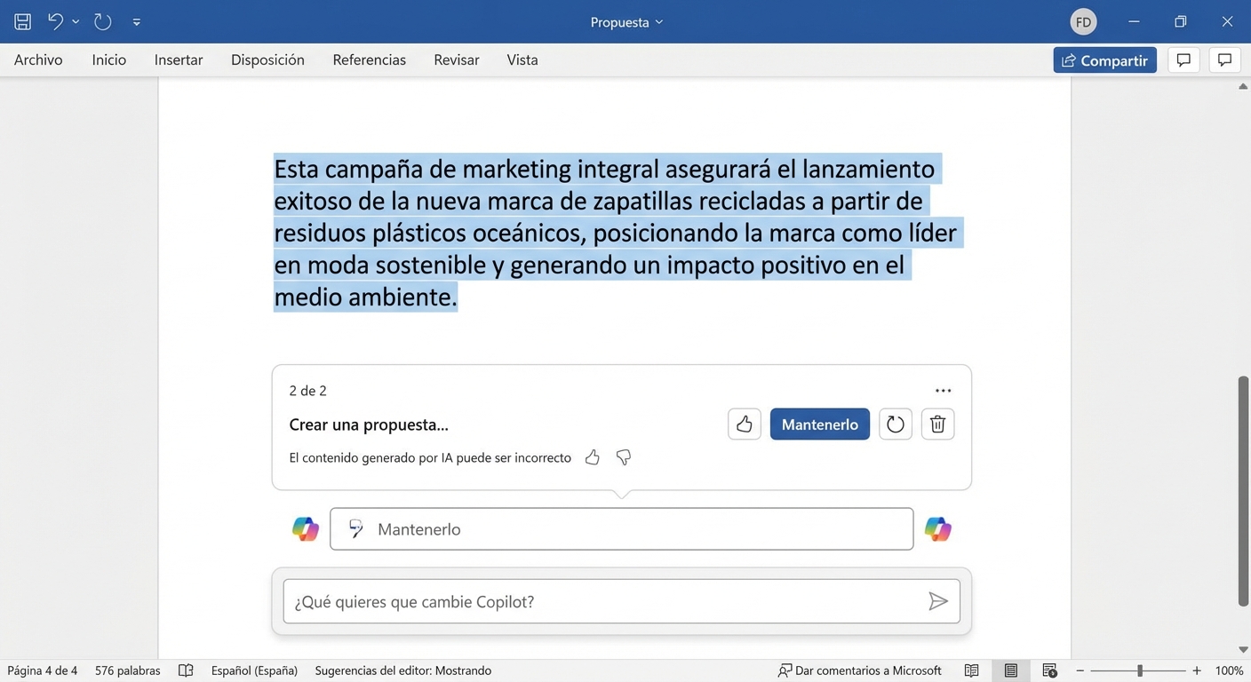 Un chat abierto de Copilot con la opción de guardar el borrador o hacer más preguntas.