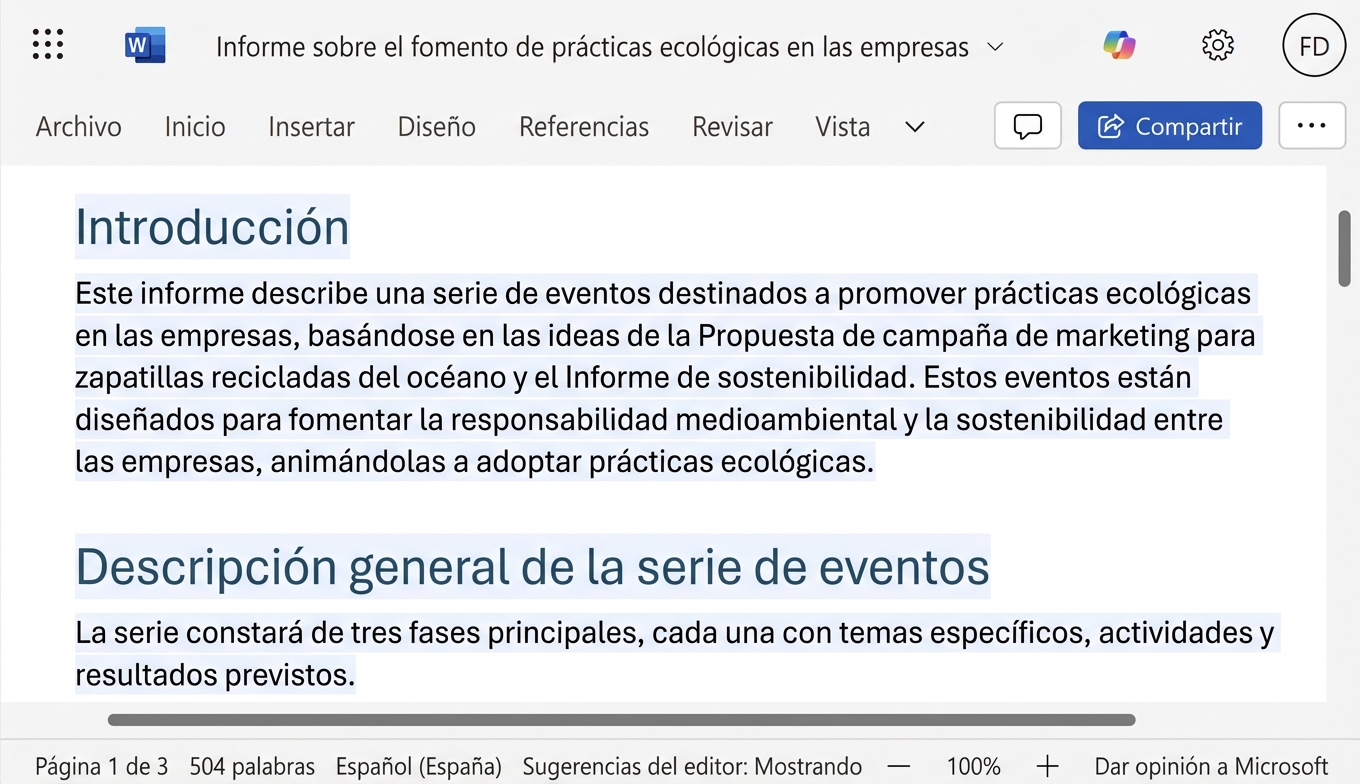 El informe redactado por Copilot utilizando dos documentos existentes.
