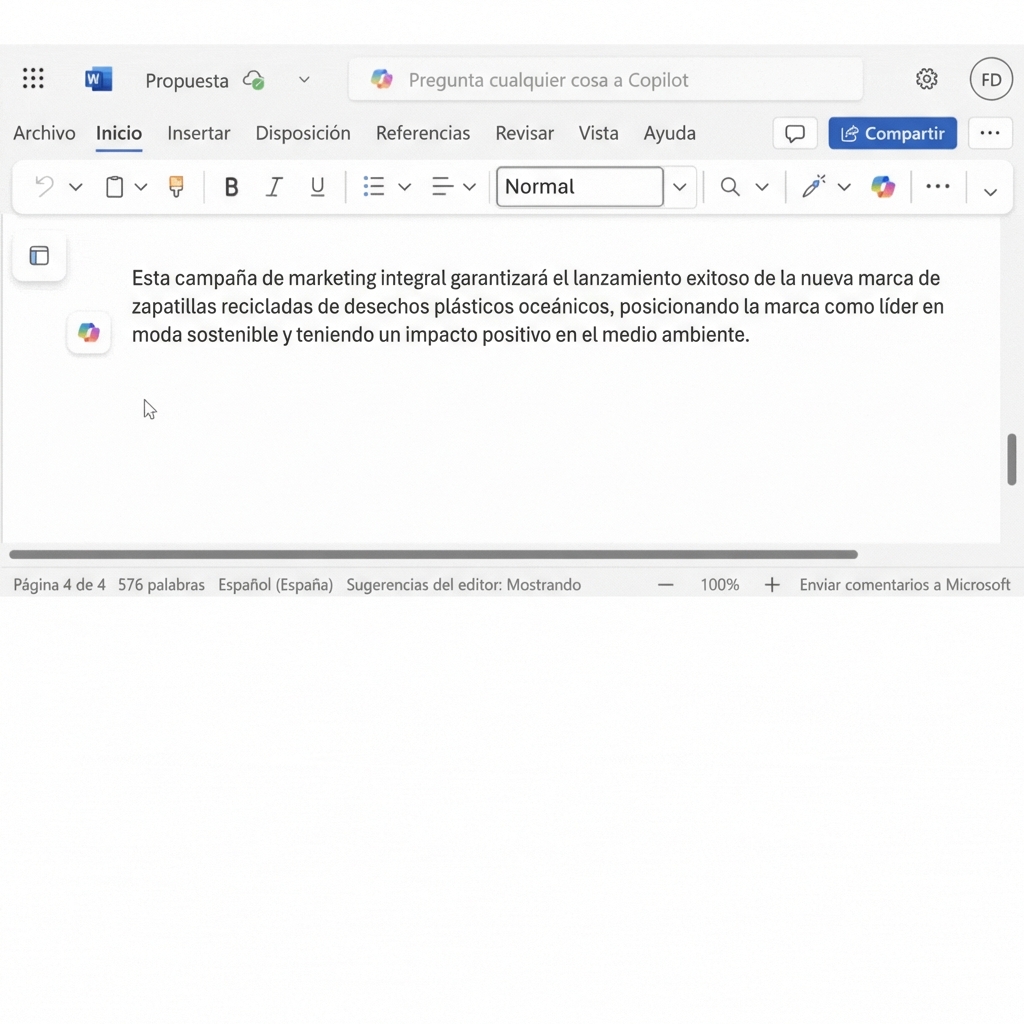 El párrafo que hay que cambiar en el documento, con diferentes opciones sugeridas por Copilot.