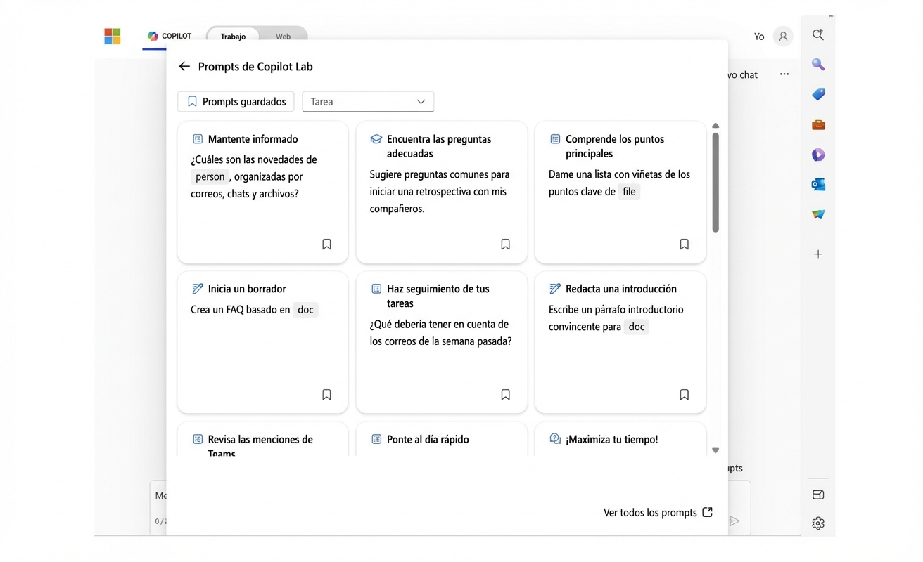 Una serie de sugerencias de prompts de Copilot Lab.