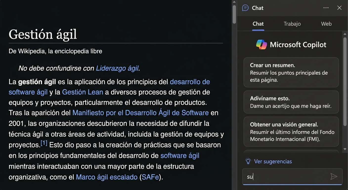 Copilot resumiendo una página web.