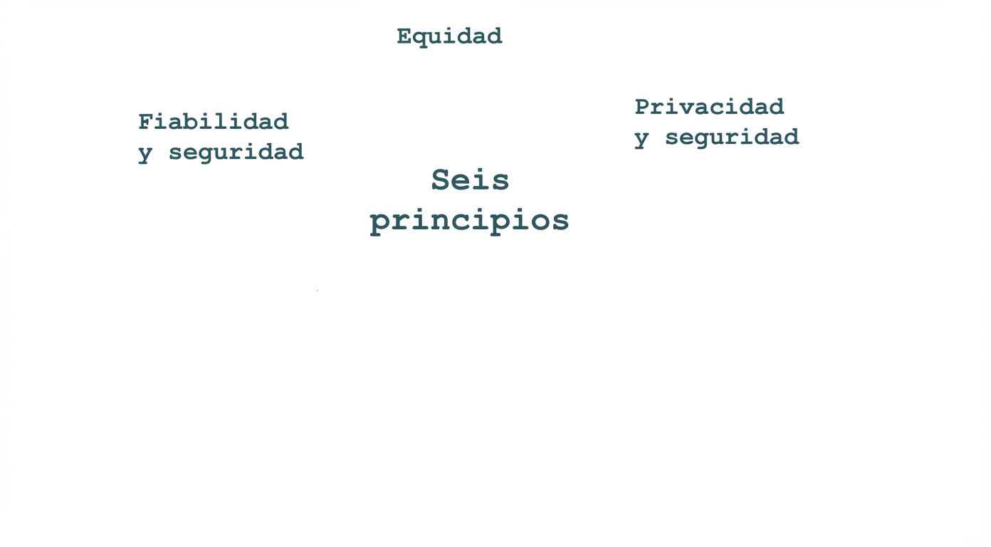Un texto que dice «seis principios», rodeado por los términos que indican dichos principios: equidad, privacidad y seguridad, fiabilidad y seguridad.