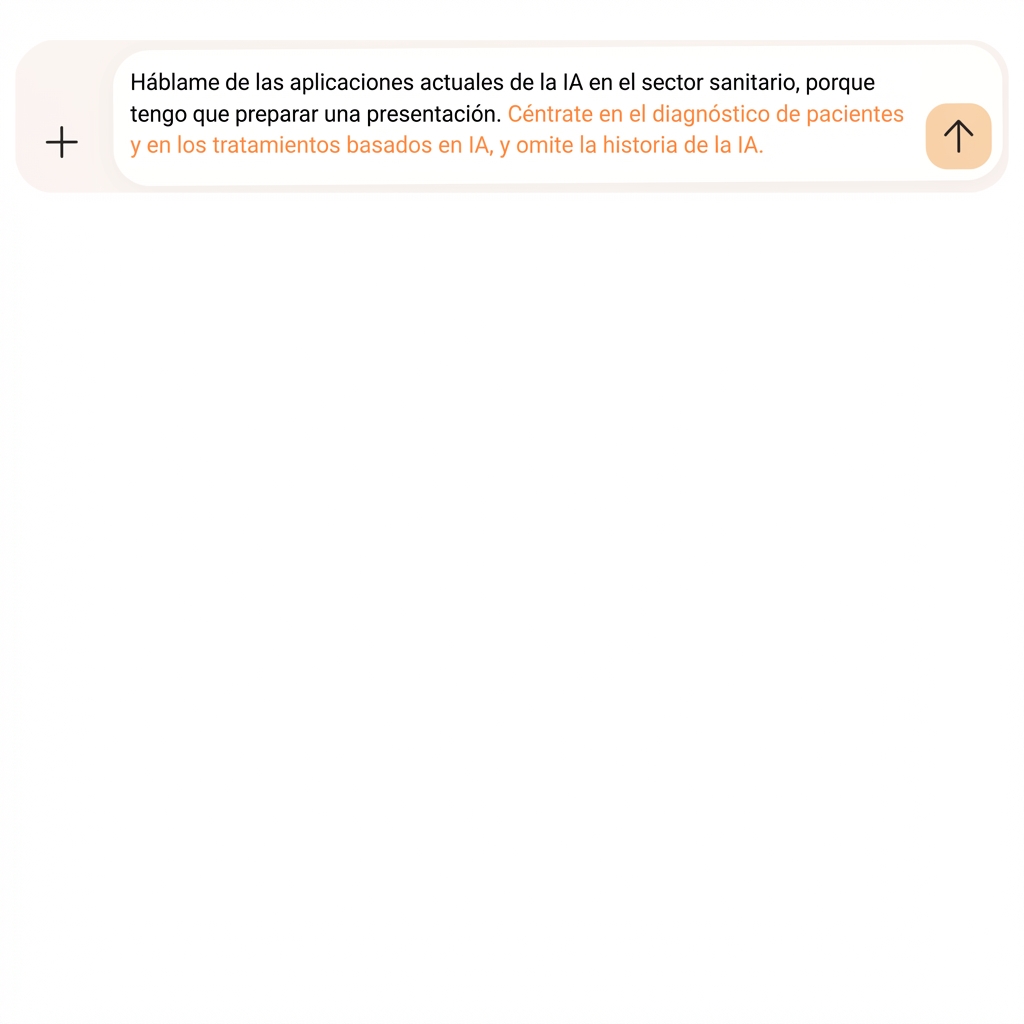El texto especifica que hay que centrarse en el diagnóstico de los pacientes y los tratamientos basados en IA, y omitir la historia de la IA.